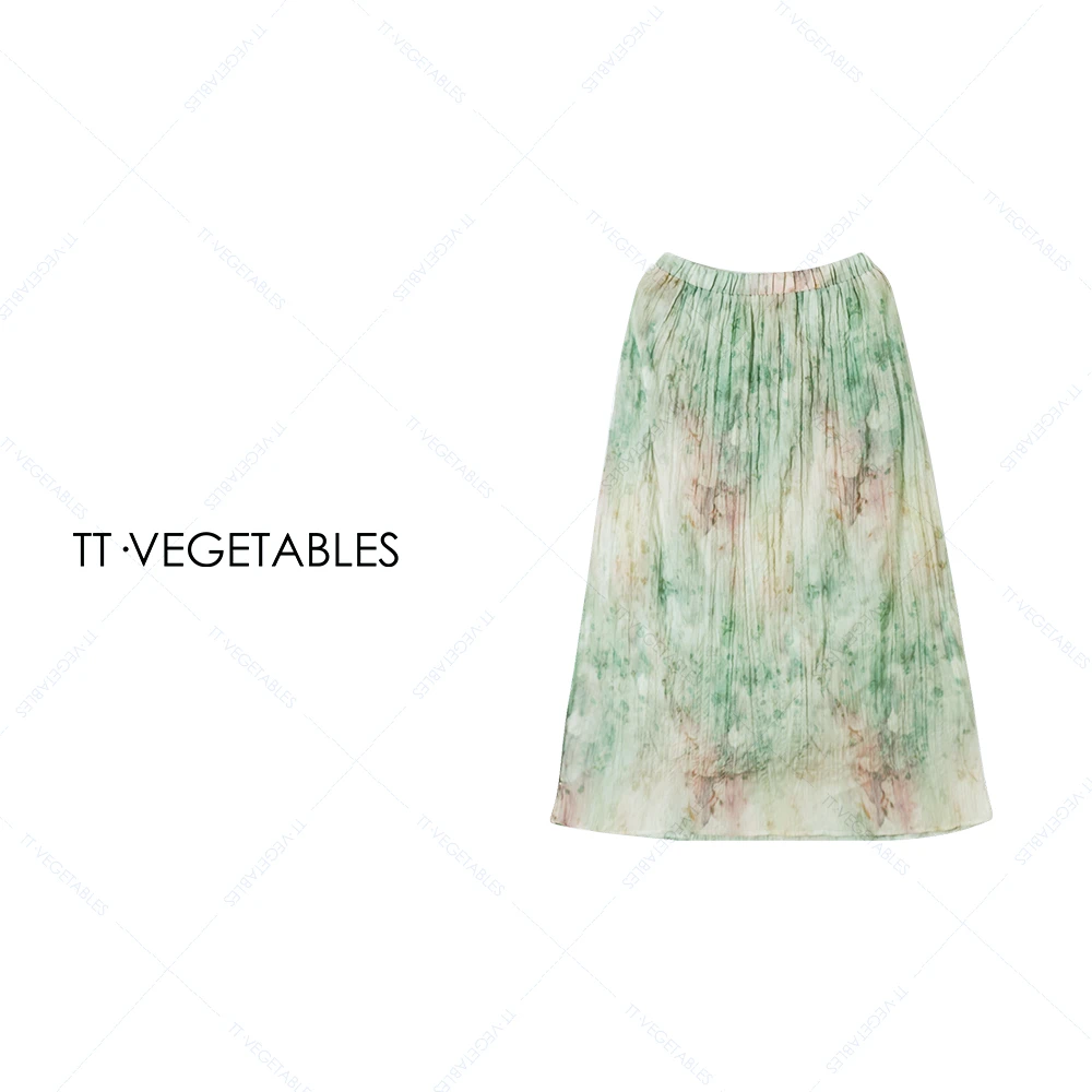 TT・VEGETABLES【序白】华光 雪纺锻棉小竹叶花型百搭半身裙女518921