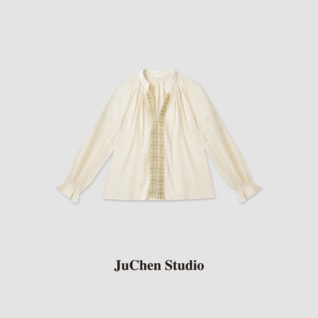 波嬉度假风重工刺绣门襟长袖宽松落肩衬衫 SS052553