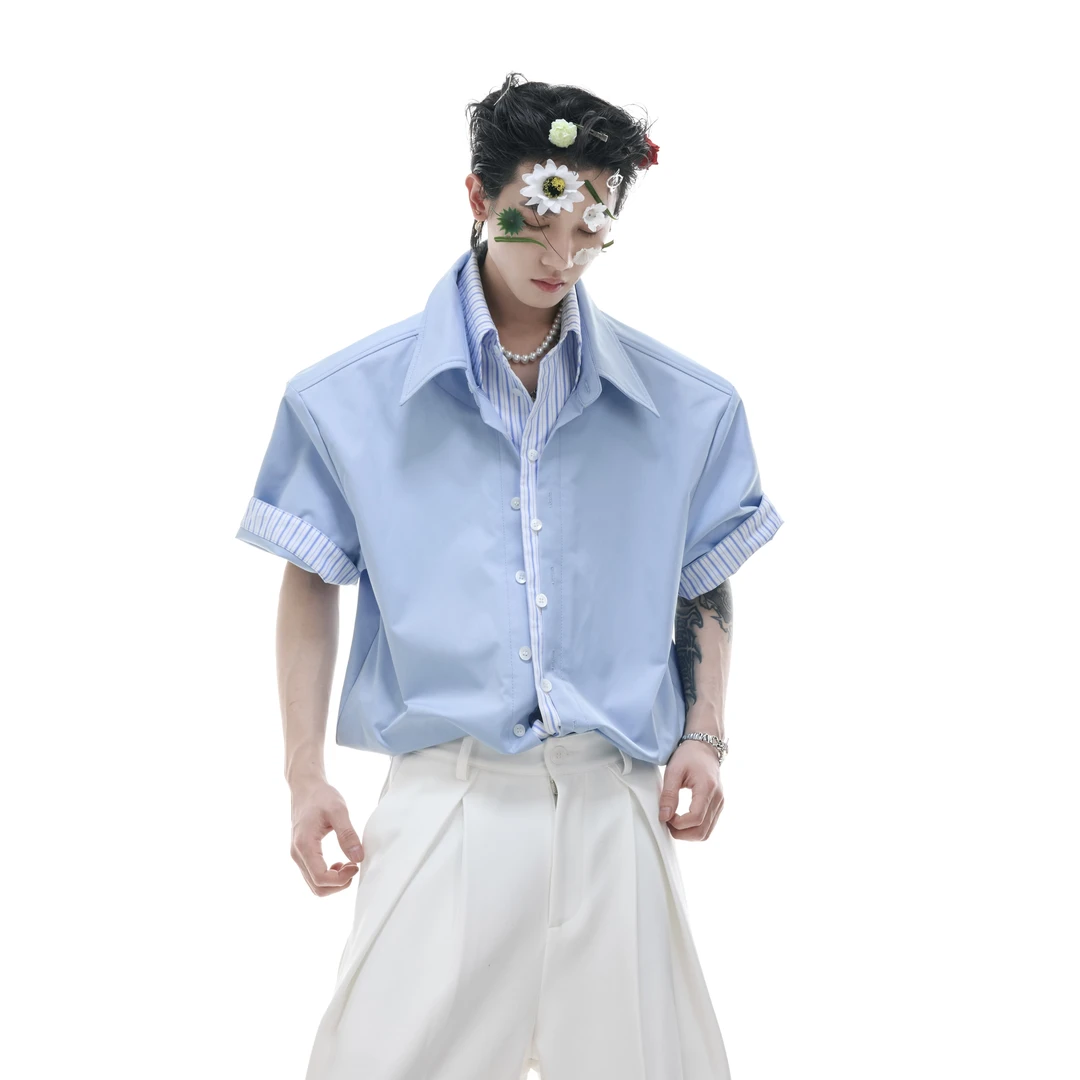 ArguE CulturE小众假两件短袖衬衫条纹撞色冰感抗皱短袖宽松开衫