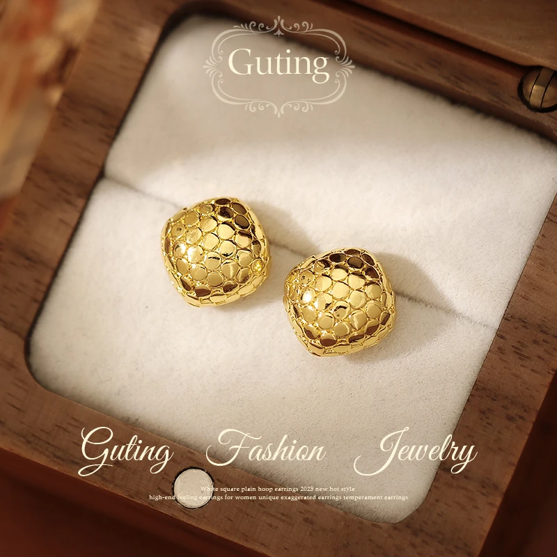 铜合金耳饰 22174金色几何方形碎冰冰耳钉女耳环轻奢高级感耳饰