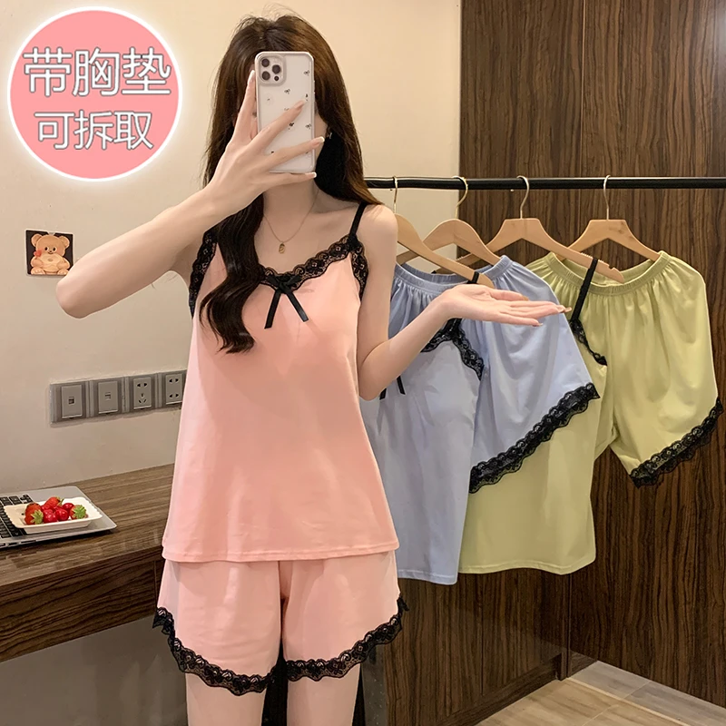 睡衣女款带胸垫吊带短裤套装夏季纯棉薄款加肥特大码胖mm200斤5XL