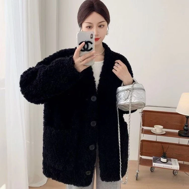 慵懒风中长款皮毛一体羊羔绒大衣时尚百搭潮流外套宽松韩版