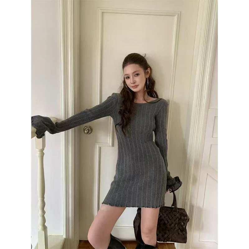 韩版灰色打底针织连衣裙子女秋冬内搭修身显瘦短裙辣妹包臀毛衣裙