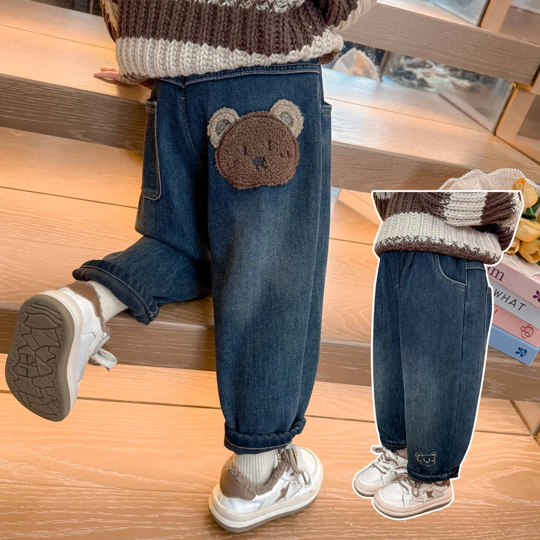 女童加绒牛仔裤秋冬季2025新款加厚冬款女宝宝儿童冬装一体绒裤子