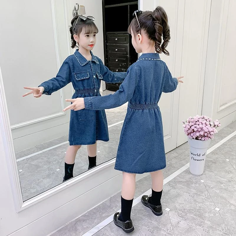 女童连衣裙春装新款韩版长袖牛仔春秋中大童设计感时尚森林系