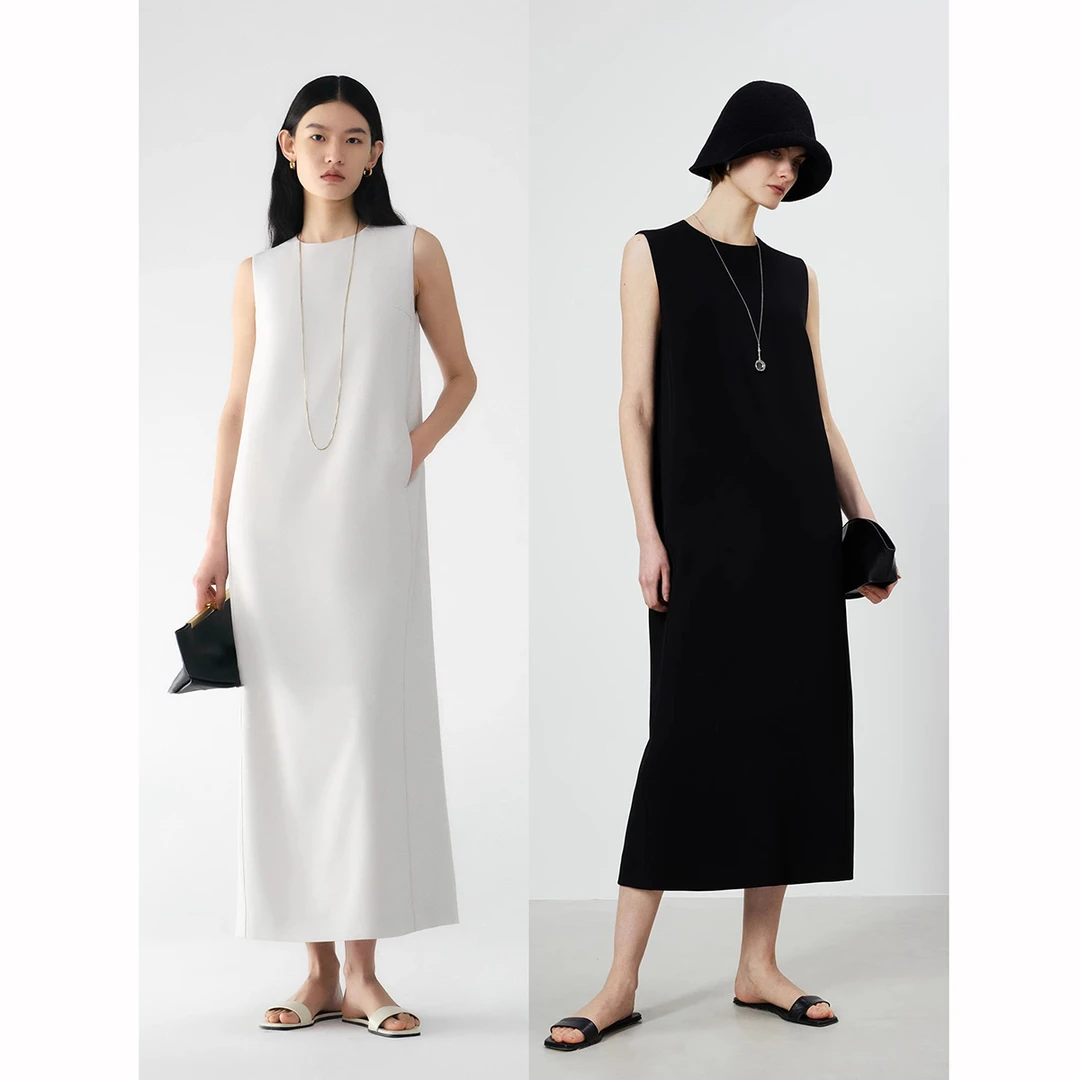 开衩法式气质休闲长裙醋酸双面乱麻極简ROW风宽松无袖连衣短裙女