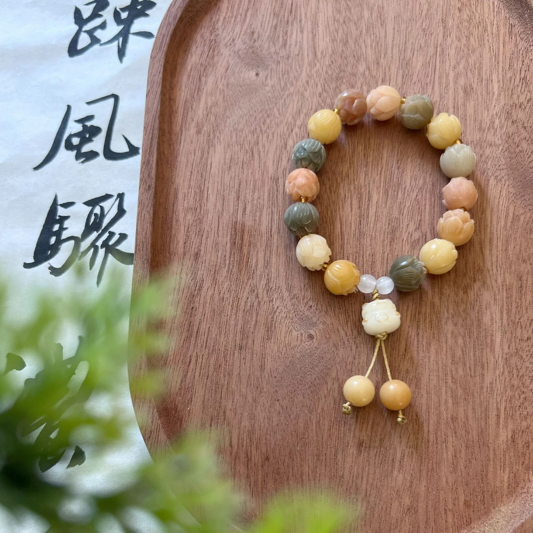 玲珑 步步生莲菩提单圈手串 莲花雕刻 猫吊坠 文玩好物