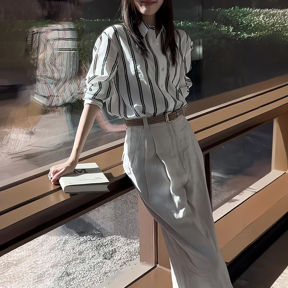 秋季流行穿搭一整套女2025新款时髦条纹翻领衬衫拖地休闲裤两件套