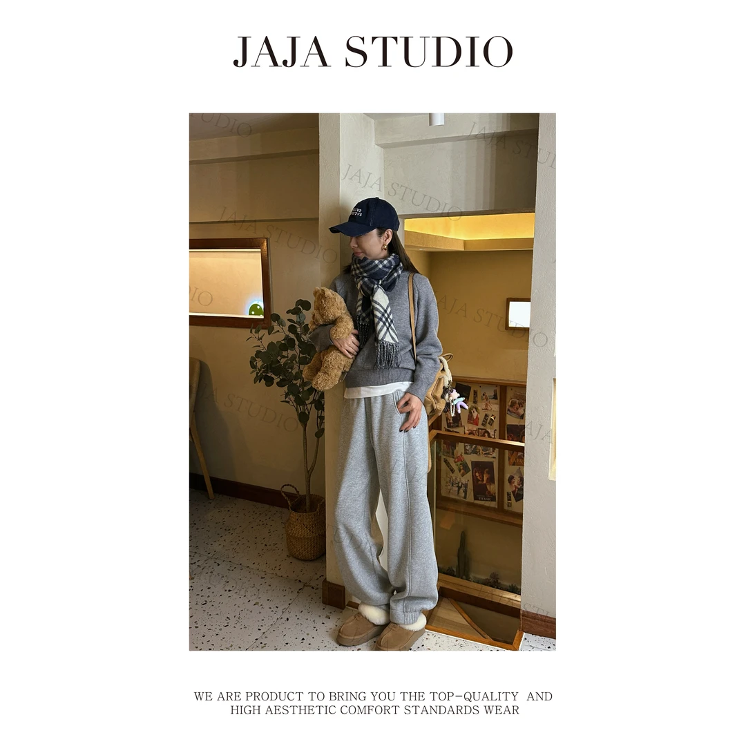 『JAJA佳一』奶芙糖~松弛感双裤脚加绒休闲卫裤