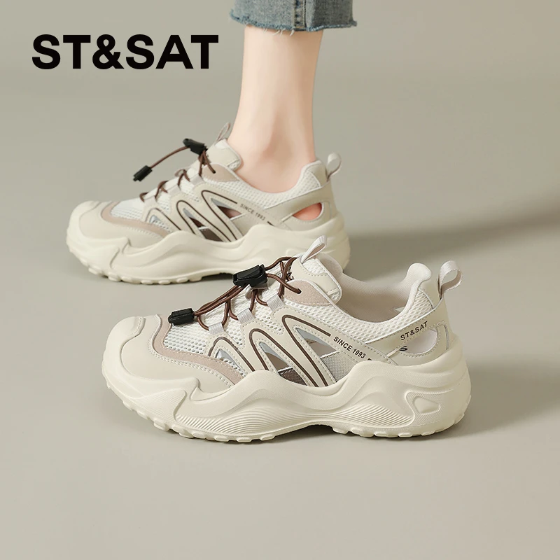 星期六拼色夏季老爹鞋女士2025夏季透气休闲鞋百搭厚底时尚运动鞋