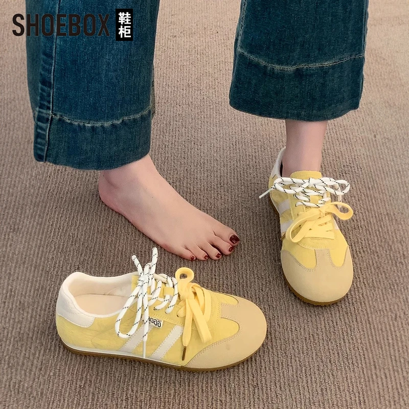 SH0EBOX鞋柜平底阿甘鞋女2025新款秋季百搭黄色德训鞋休闲板鞋