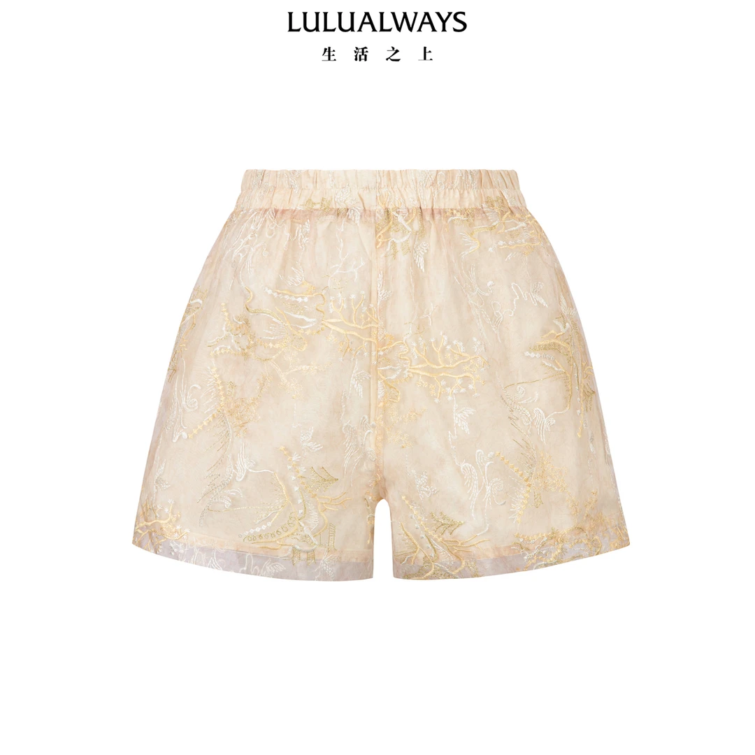 LULUALWAYS我爱露露25夏季新款国风新中式刺绣双层松紧腰短裤女
