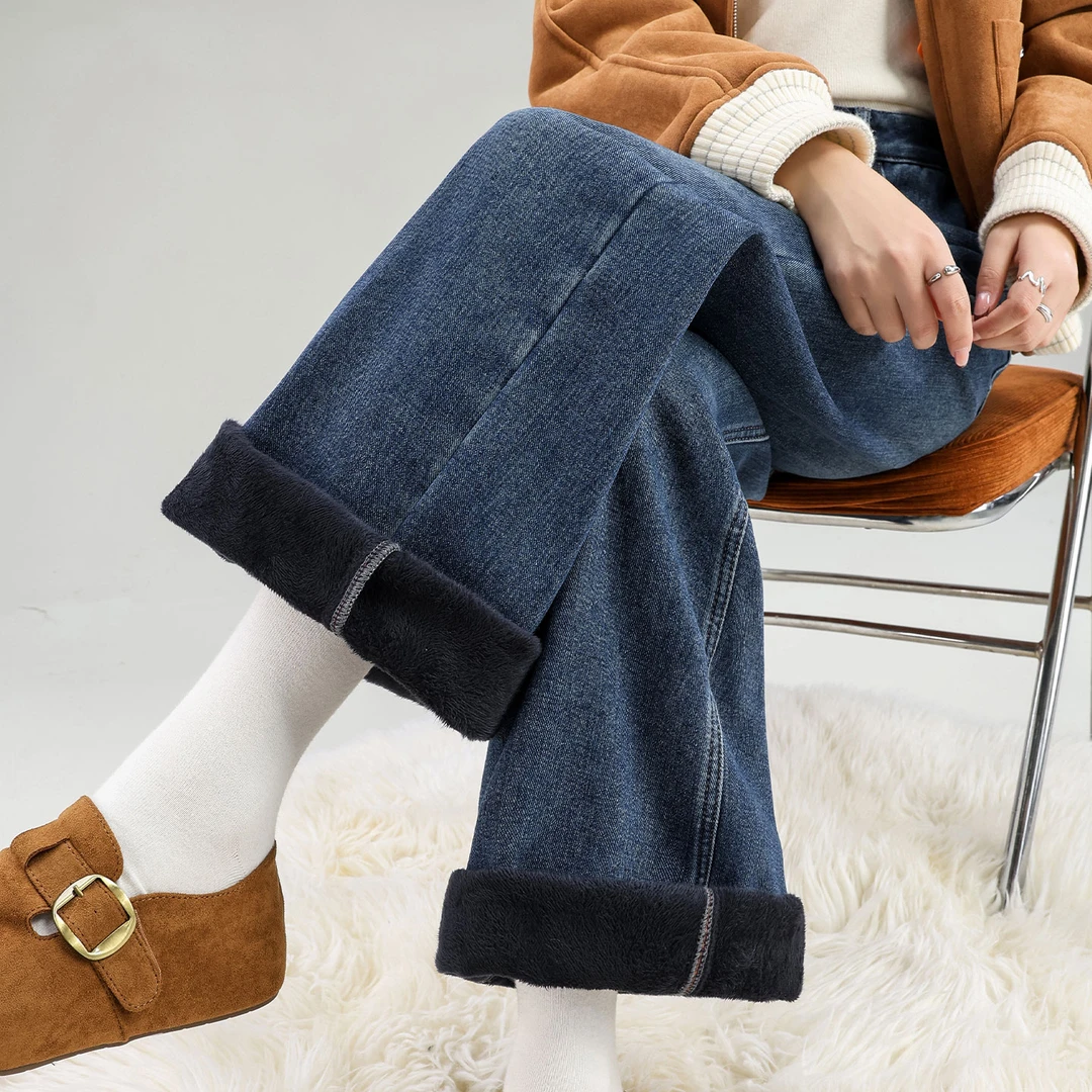 高腰加绒牛仔裤女2025冬季新款宽松显瘦加厚保暖休闲垂感阔腿长裤