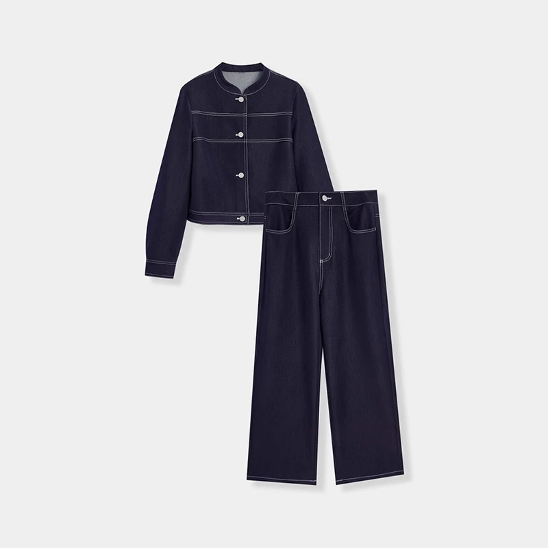 港风复古明线牛仔套装女2025春秋款高级感时尚短上衣阔腿裤两件套