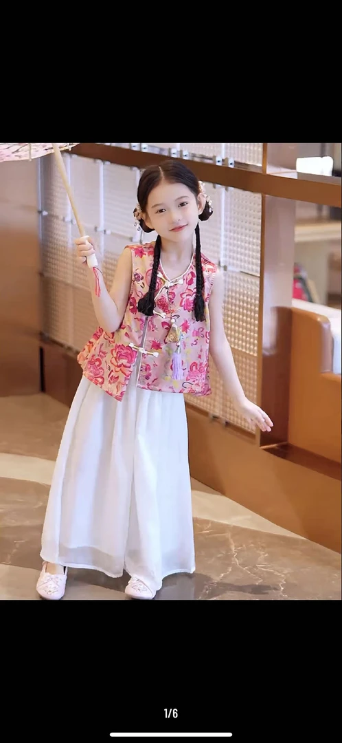 女童新中式汉服套装2025新款马甲阔腿裤中国风背心短袖t恤国风装