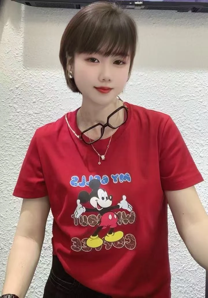 (柳子)13圆领短袖正肩t恤女纯棉宽松内搭春夏季老鼠卡通上衣服