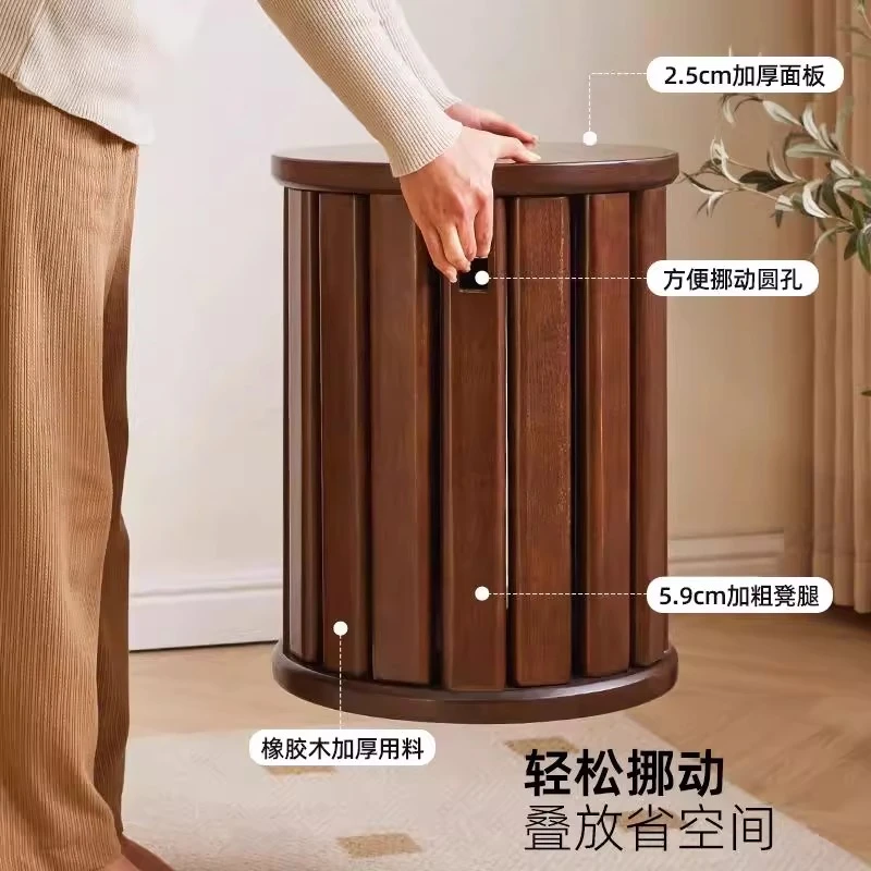 实木凳子家用可叠放餐桌备用木板凳客厅矮凳万向轮叠叠乐组合圆凳