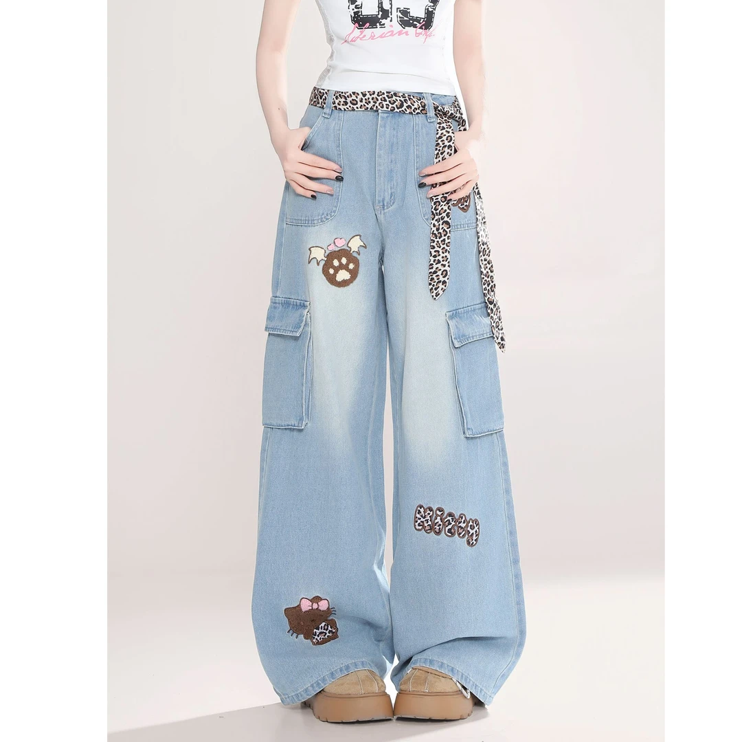 特大码女装HelloKitty贴布毛巾绣工装牛仔裤女夏季宽松显瘦阔腿裤