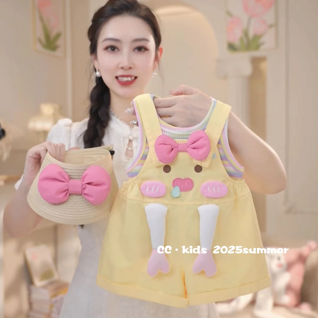 儿童装女童夏季女宝宝时尚洋气卡通可爱猪背带裤套装25411