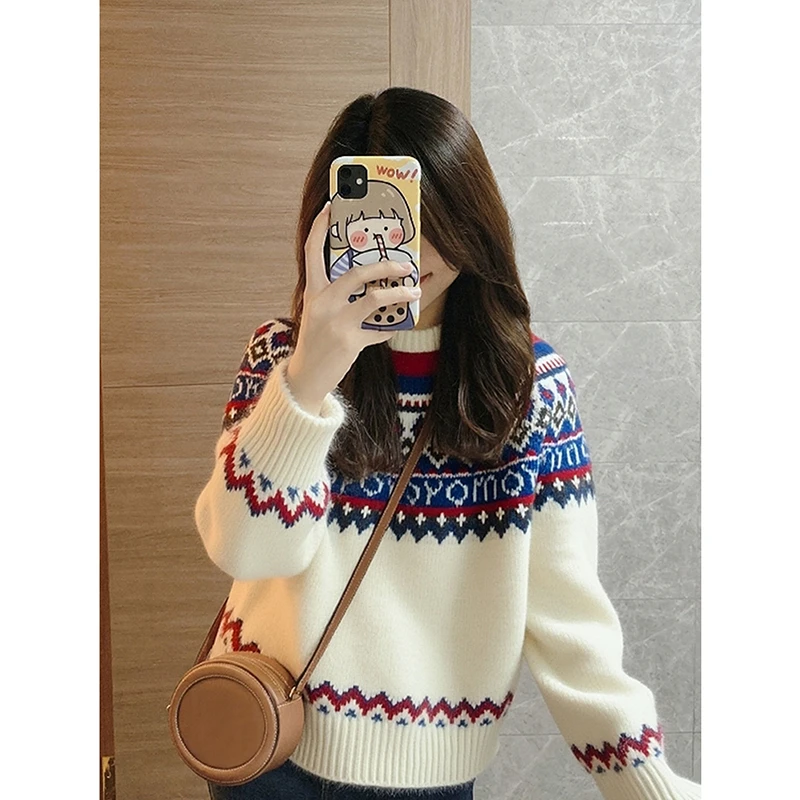 日系费尔岛提花圆领毛衣女秋冬慵懒风显瘦可外穿内搭软糯针织上衣