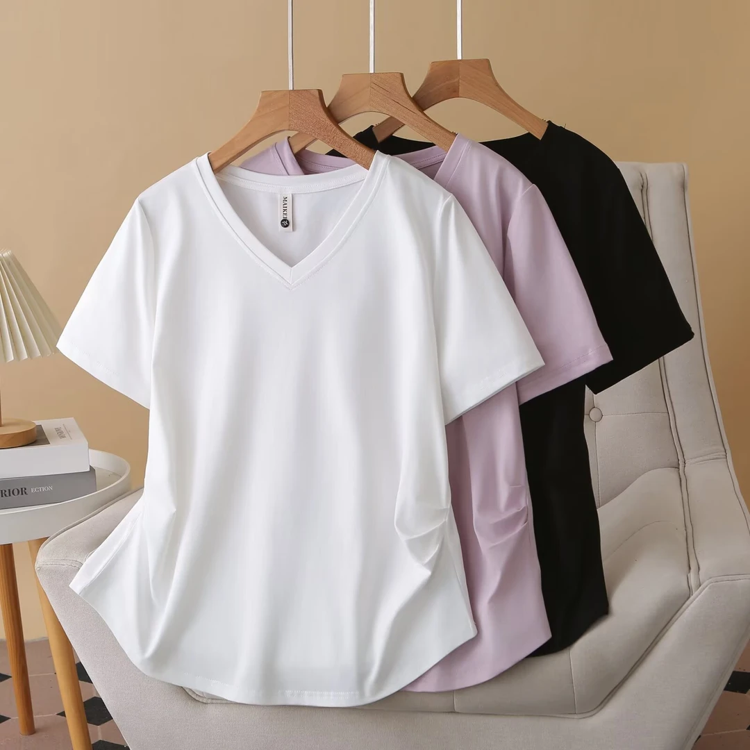 大码女装夏季新款时尚宽松休闲百搭圆领V领短袖T恤8817