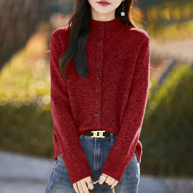 羊范新款洋气花纱半高领亲肤绒针织衫女设计感方扣宽松时尚开衫