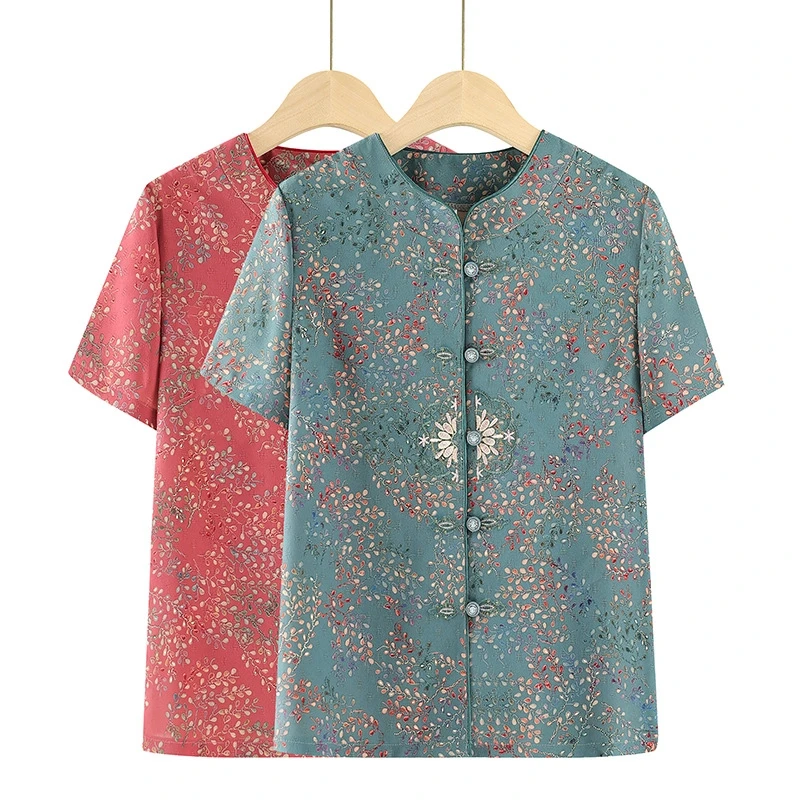 2023新款老年人妈妈夏季圆领短袖老太太上衣奶奶70岁60岁老人衣服