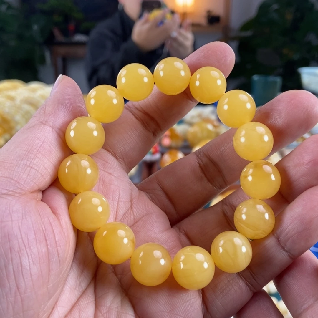 琥珀未镶嵌珠宝奇石14鸡油黄蜜蜡手串24.2