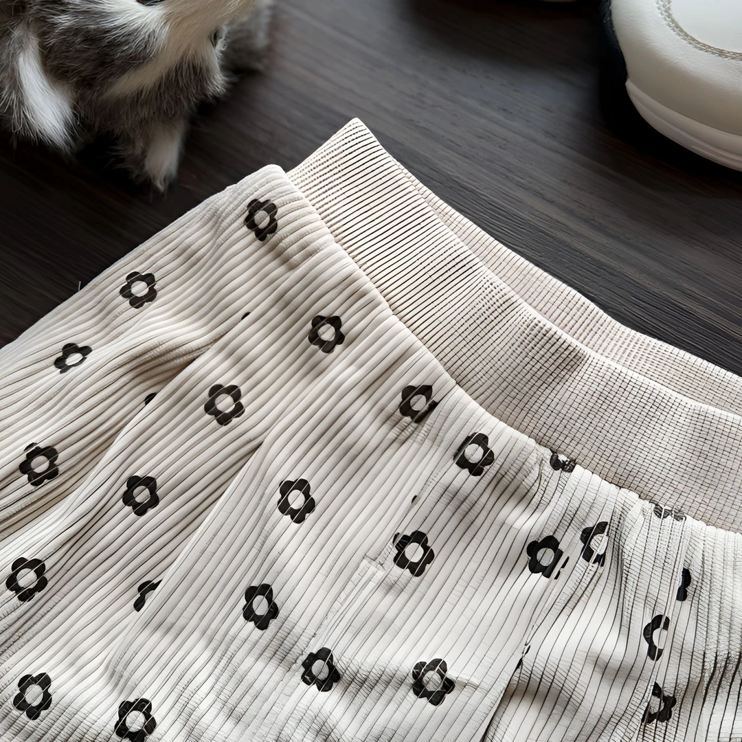 花朵印花女童休闲针织束蝴蝶结脚灯芯绒长裤3422023422