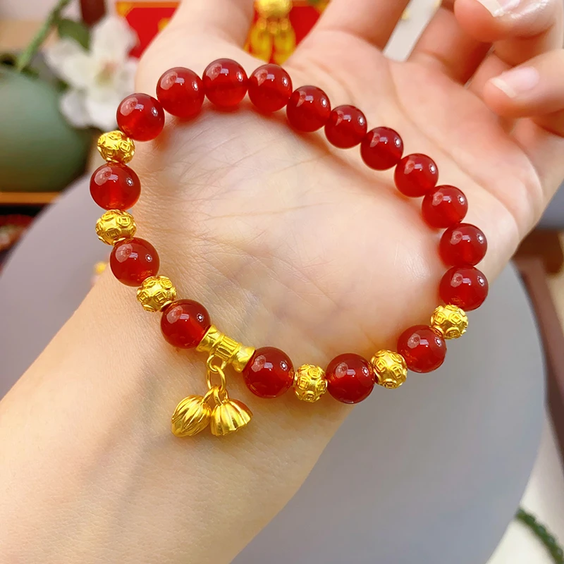 足金999两世欢手串时尚百搭金钱珠招财手链红色粉色精美手链