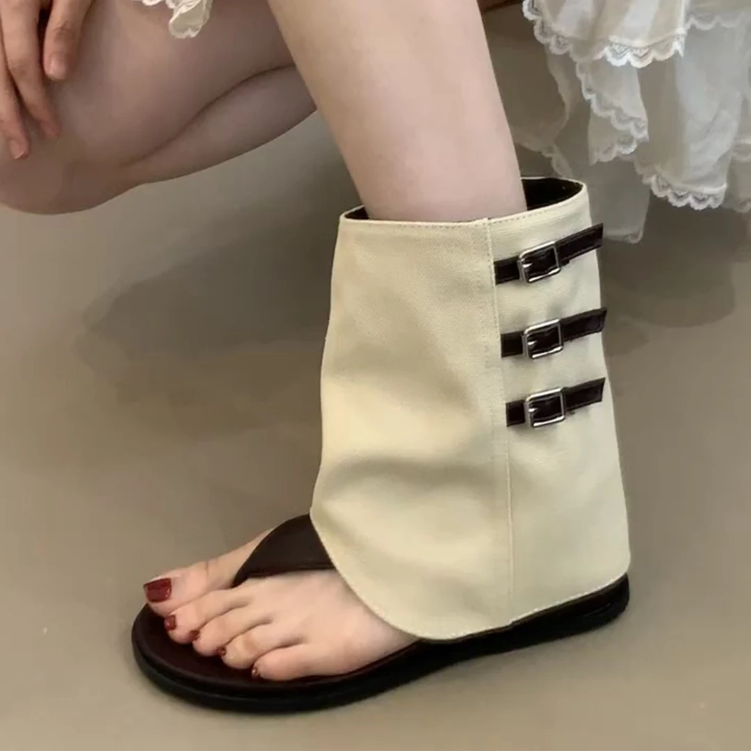 羊皮版~圆头夹趾复古小众凉靴女夏内增高皮带扣裤管靴西部牛仔靴