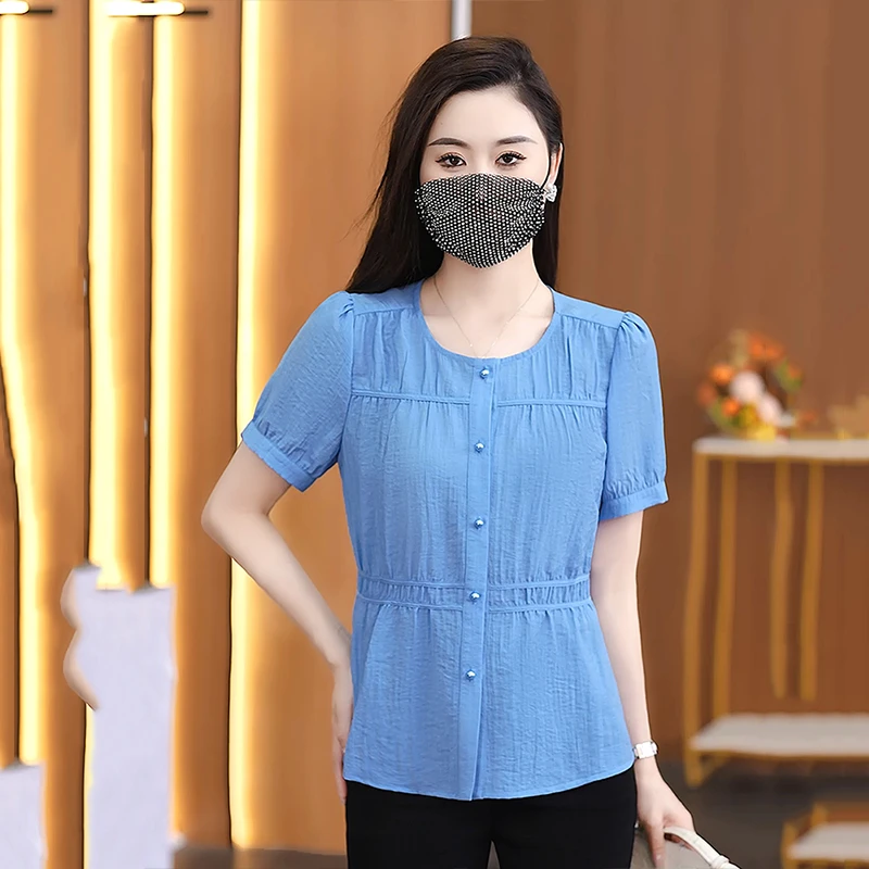 拉夏贝尔洋气短袖2025夏季薄新品收腰显瘦设计感开衫时尚圆领衬衫