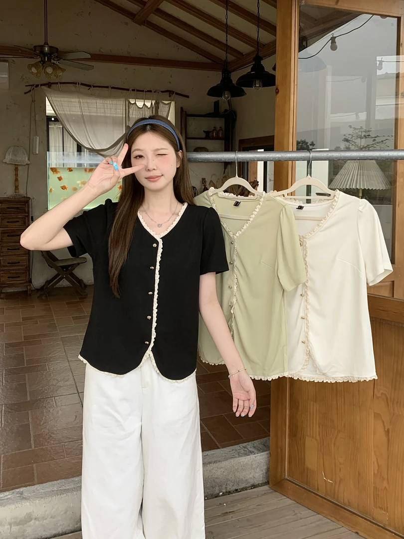 2025年夏季胖mm大码法式正肩V领短袖T恤小香风蕾丝小衫上衣64859