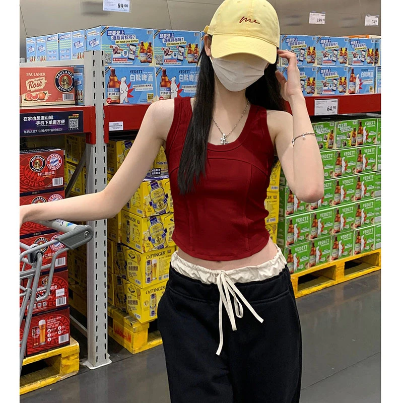 夏季时尚黑色修身U领鱼骨上衣吊带背心女辣妹风短款设计感T恤百搭