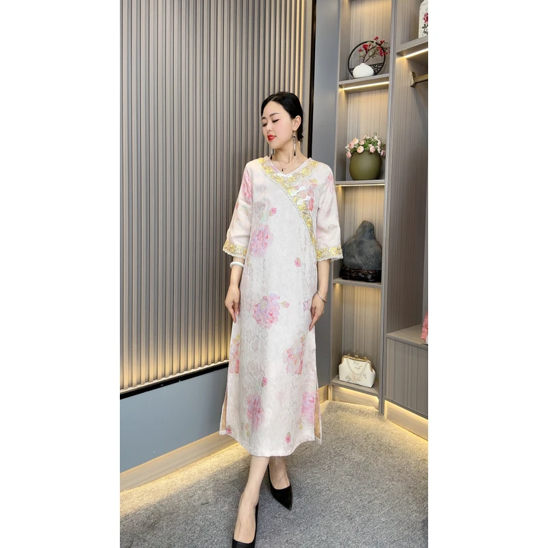 悦夏YJ7743新中式妈妈装国风立领优雅气质复古遮肉连衣裙