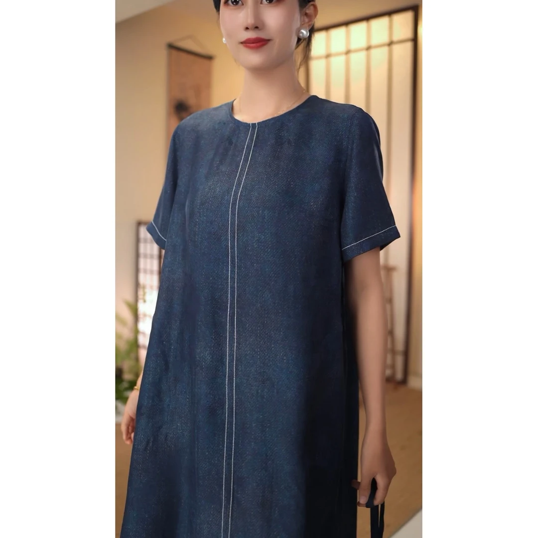 【栖夫人】桑蚕丝香云纱牛仔花萝双面连衣裙5156