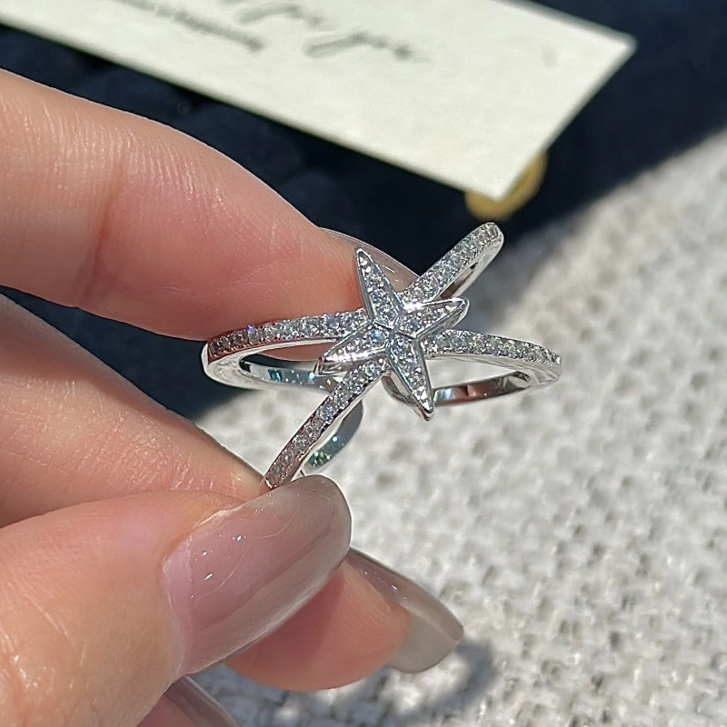 925银锆石戒指 轻奢双层四芒星戒指小众设计法式气质星星满钻指环