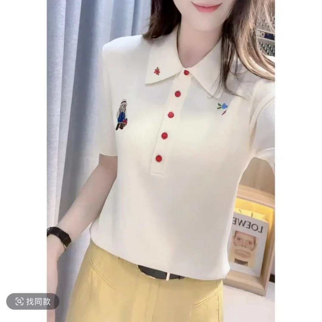 JL翻领刺绣小熊短袖2025夏季新款休闲百搭针织衫上衣