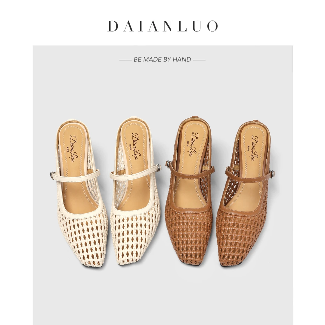 【跟高6cm】夏季凉拖鞋女高跟鞋粗跟包头半拖真皮方头编织百搭女鞋