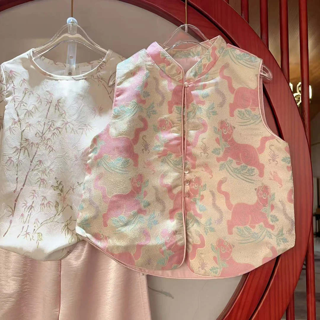 安大秋童装【粉罗裳】2025年国风春夏款儿童国风马甲