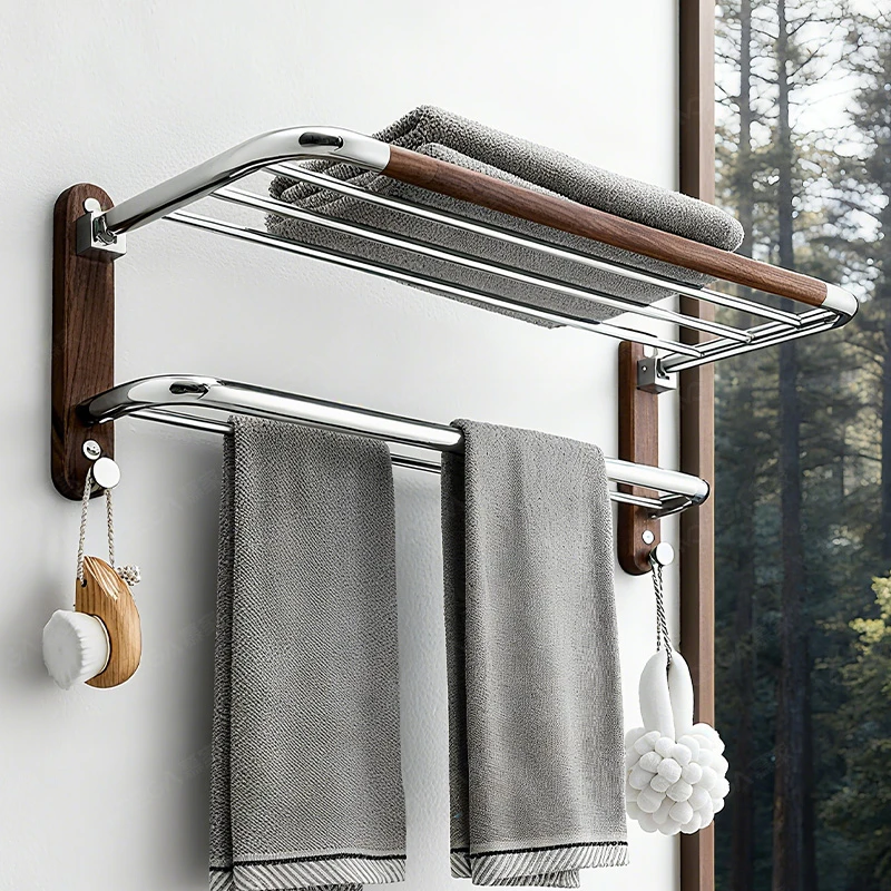 胡桃木毛巾架304不锈钢卫生间免打孔浴室置物架浴巾架毛巾收纳