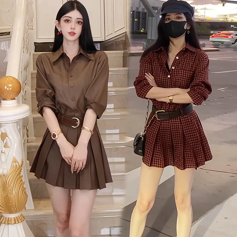 官图 格子撞色连衣裙短裤套装2025春秋新款韩系洋气小个子两件套