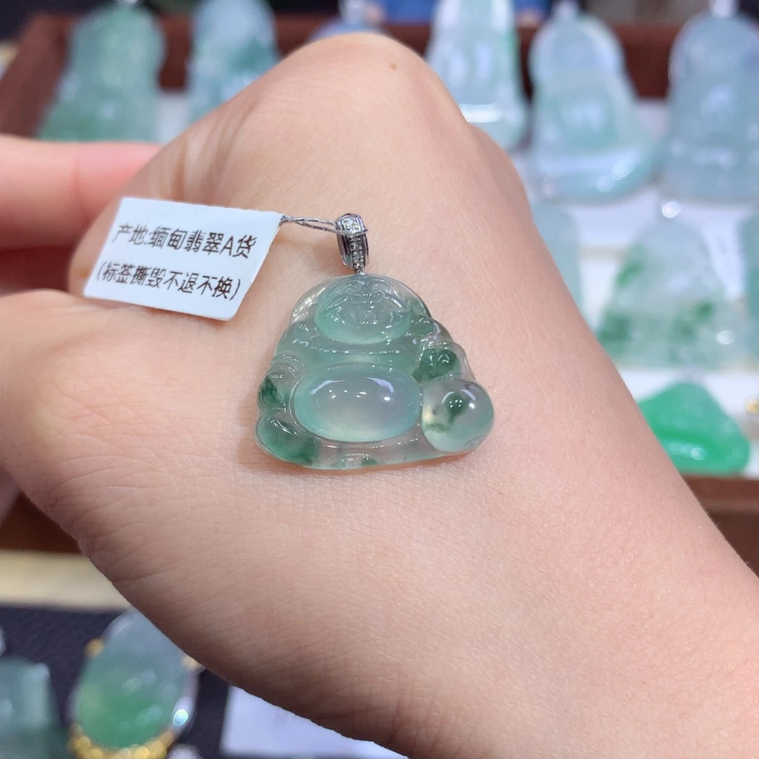 吊坠(不含链)18K金镶嵌翡翠天然缅甸A货翡翠揭阳工布袋佛