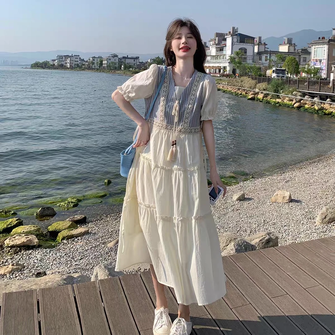 女大童牛仔条纹条纹拼接假两件连衣裙夏季学院风初中生温柔风长裙