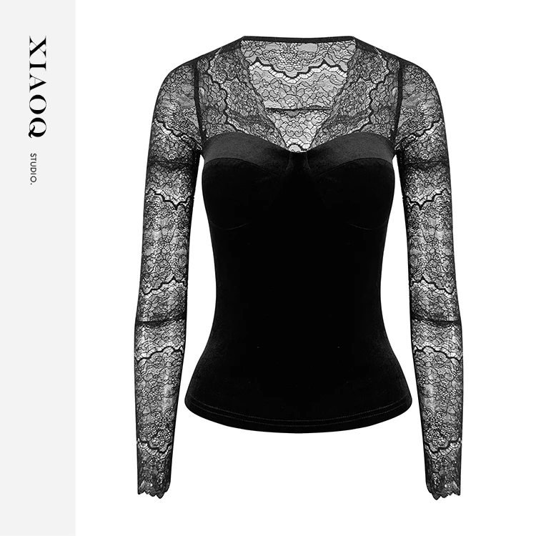 【小Q家】12374 高级哑光感丝绒U领蕾丝打底上衣T