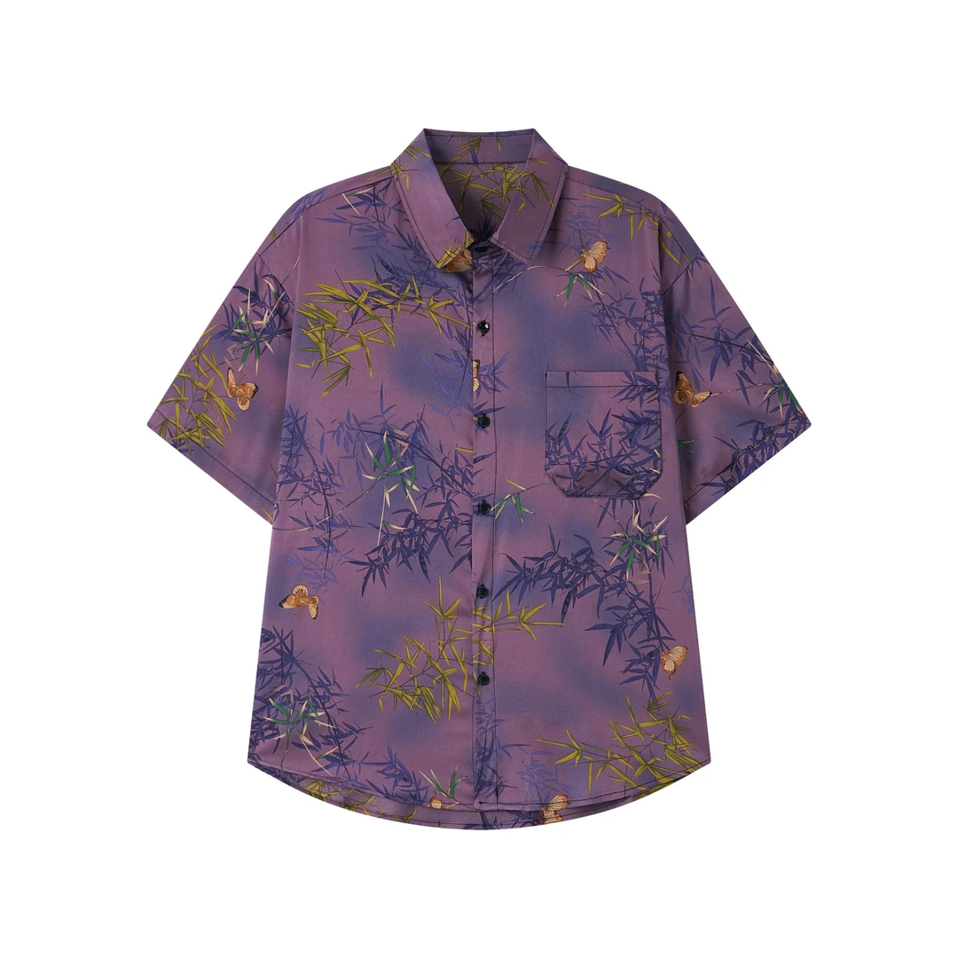 夏季中国风树叶衬衫潮流宽松情侣设计感衬衣休闲满印小众五分袖