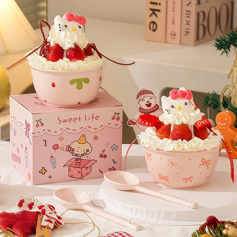 【2碗2勺/4碗4勺】粉草莓蛋糕米饭碗陶瓷釉下彩吃饭碗可爱碗