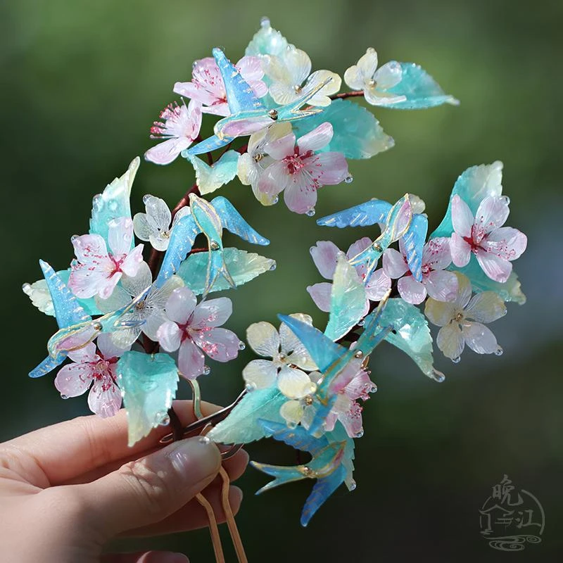 花雨燕 热缩花簪新中式发簪u型发钗古风汉服头饰簪子盘发日常步摇