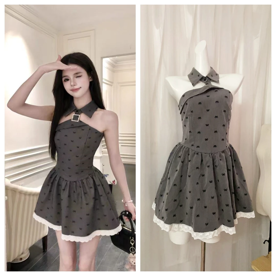 画解WAHJU5/16 20:00PM新品夏季蝴蝶结设计感挂脖少女连衣裙