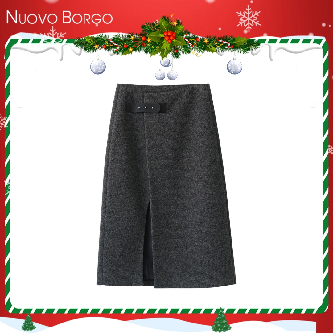 Nuovo Borgo 直筒包臀毛呢半身裙修身显瘦高腰中长款a字裙 0186
